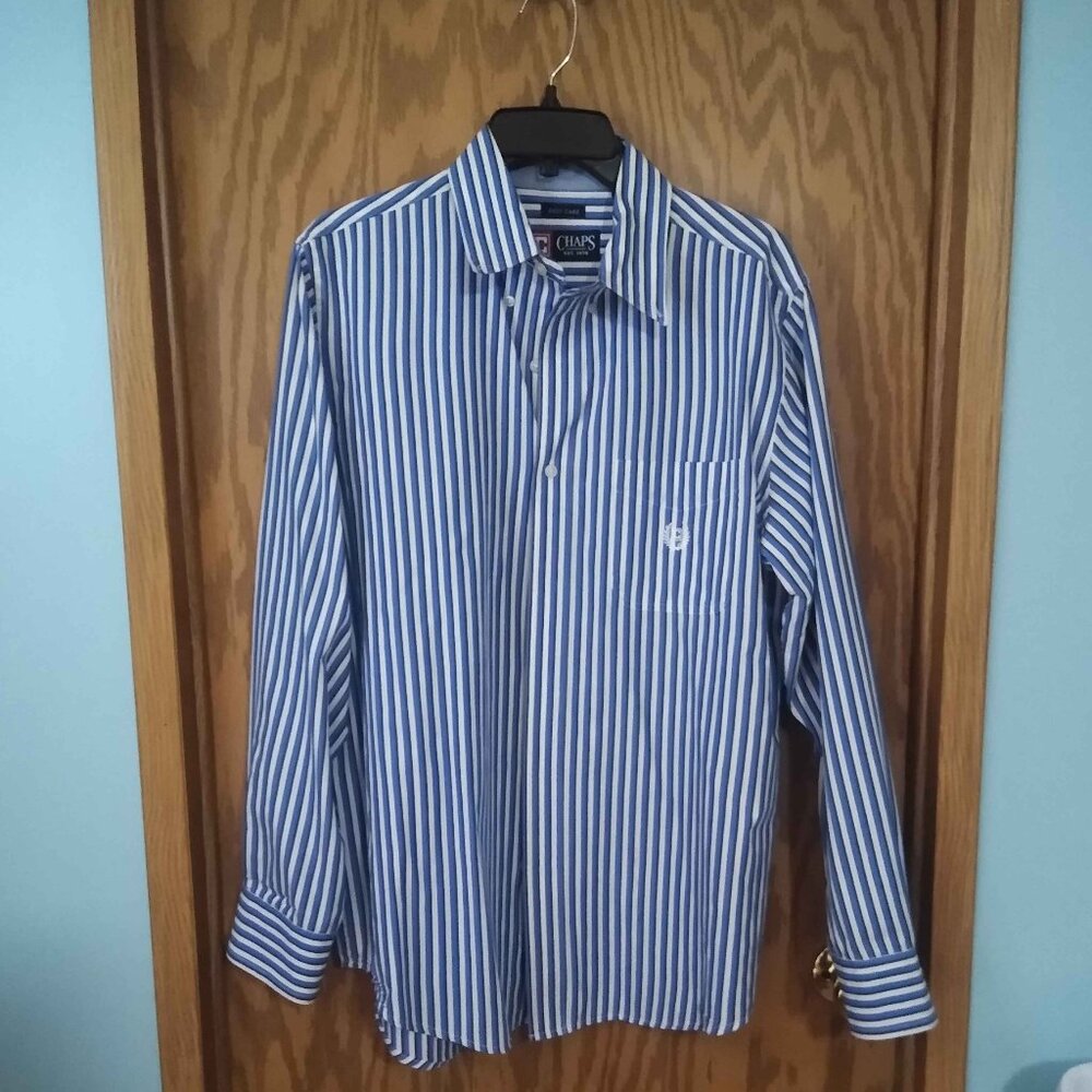 Chaps Men's Blue and White Striped Long Sleeved Button Up Shirt Medium